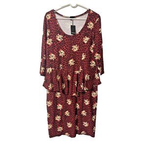 Torrid Knit Red Black Leopard Print Skulls Dress Ruffle at Waist Size 1X NWT